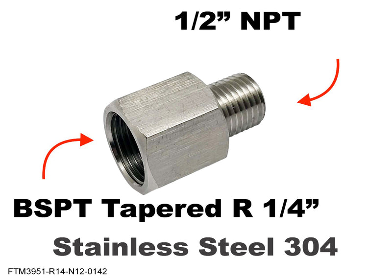 BSPT Tapered R 1/4 inch Female to 1/2 inch NPT Male Stainless Sensor Adaptor Fittings