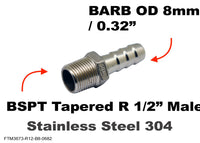 BSPT Tapered R 1/2 inch Male to BARB OD 8mm / 0.32 inch Stainless Tail Adaptor Hose