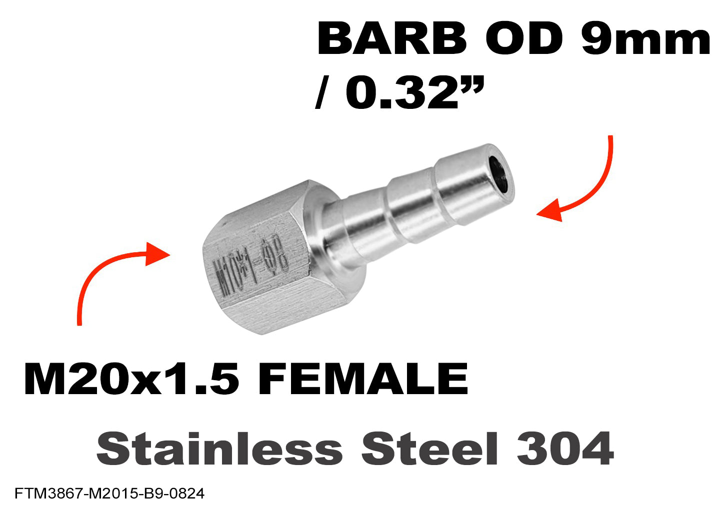 M20x1.5 FEMALE to BARB OD 9mm / 0.32 inch Stainless Tail Adaptor Hose Connector