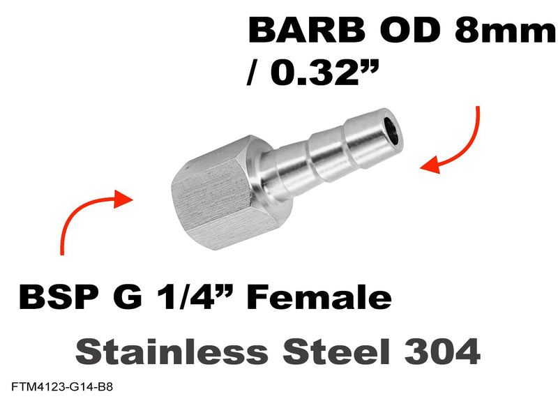 BSP G 1/4 inch FEMALE to BARB OD 8mm / 0.32 inch  Stainless Tail Adaptor Hose