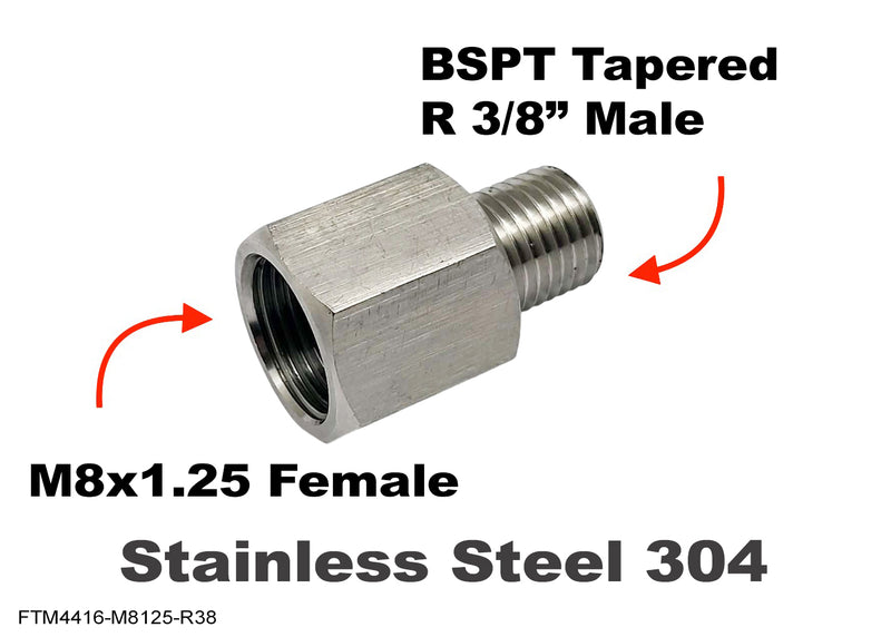 M8x1.25 FEMALE to BSPT R 3/8 inch MALE Stainless Sensor Adaptor Fittings Conversion