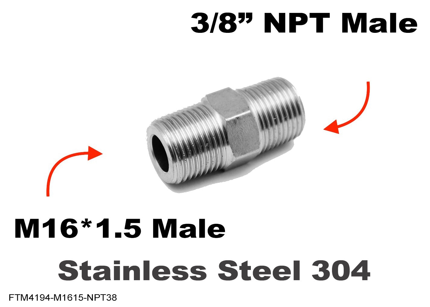 M16*1.5 MALE to 3/8 inch NPT MALE Stainless Sensor Adaptor Fittings Conversion