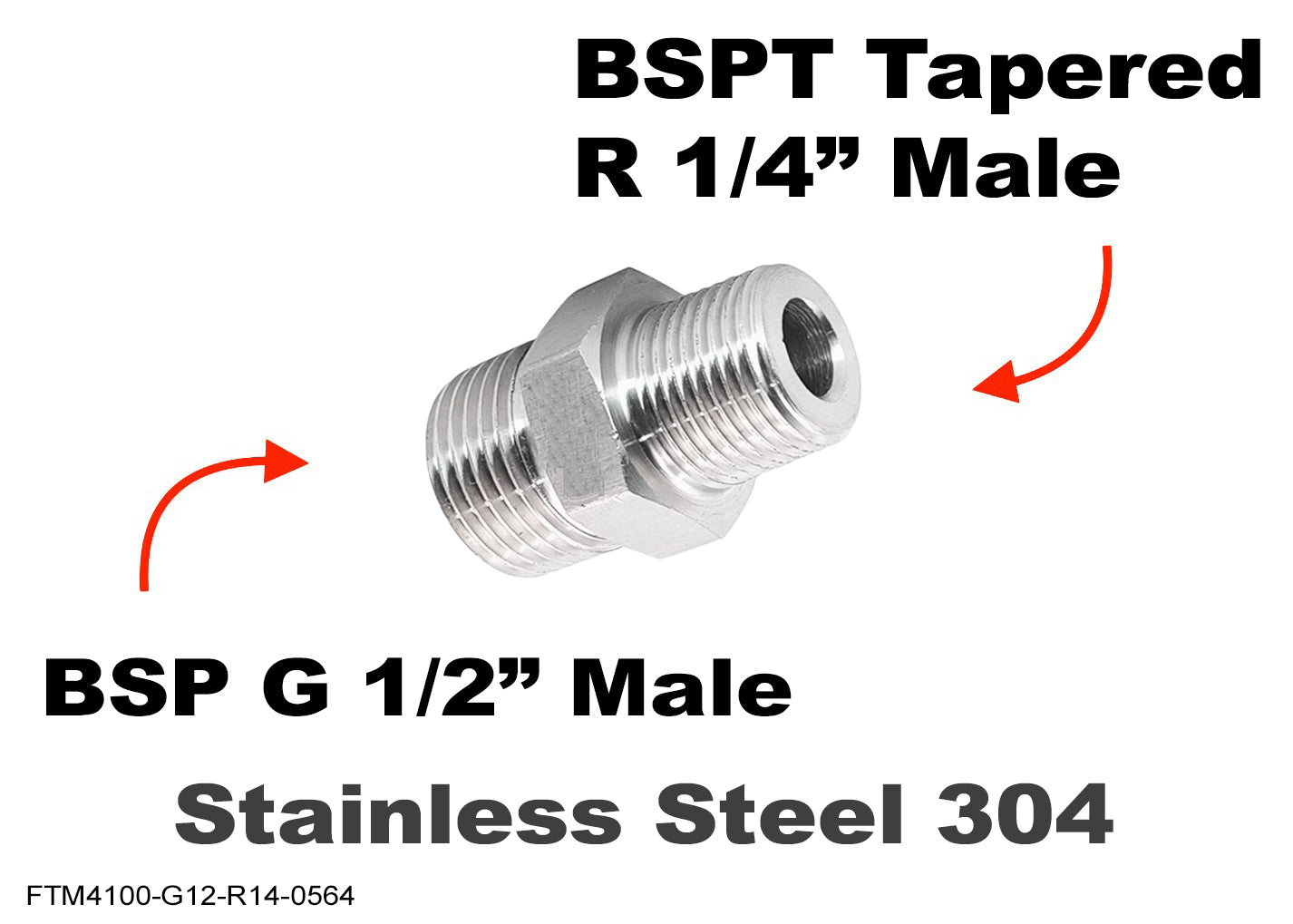 BSP G 1/2 inch Male to BSPT Tapered R 1/4 inch Male Stainless Sensor Adaptor Fittings