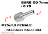 M20x1.5 FEMALE to BARB OD 7mm / 0.28 Stainless Tail Adaptor Hose Connector