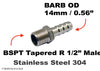 BSPT Tapered R 1/2 inch Male to BARB OD 14mm / 0.56 inch Stainless Tail Adaptor Hose