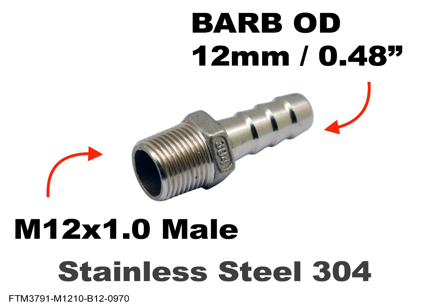 M12x1.0 Male to BARB OD 12mm / 0.48 inch Stainless Tail Adaptor Hose Connector