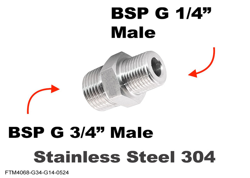 BSP G 3/4 inch Male to BSP G 1/4 inch Male Stainless Sensor Adaptor Fittings Conversion