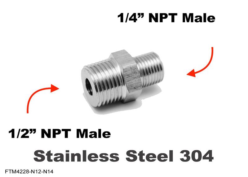 1/2 inch NPT Male to 1/4 inch NPT Male Stainless Sensor Adaptor Fittings Conversion