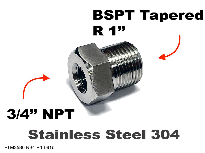 3/4 inch NPT Female to BSPT Tapered R 1 inch Male Stainless Sensor Adaptor Fittings