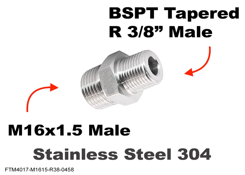 M16x1.5 to BSPT Tapered R 3/8 inch Male Stainless Sensor Adaptor Fittings Conversion