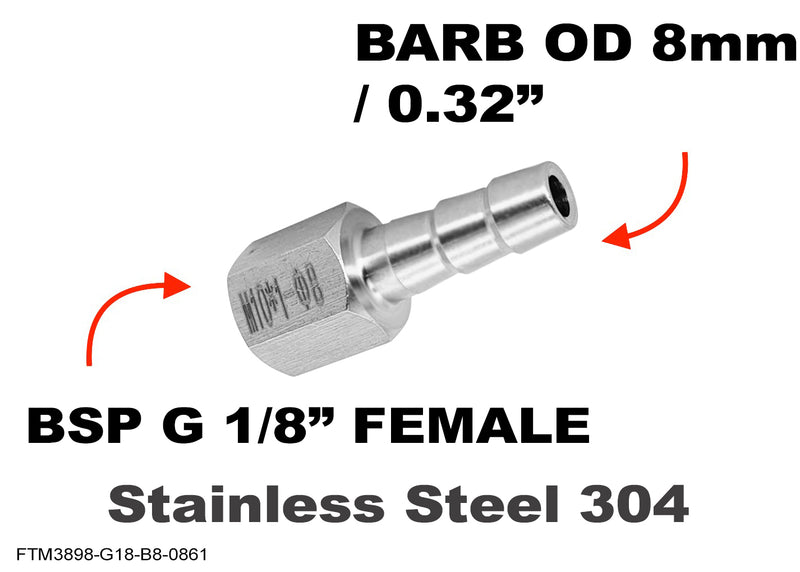 BSP G 1/8 inch FEMALE to BARB OD 8mm / 0.32 inch Stainless Tail Adaptor Hose Connector