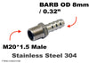M20*1.5 MALE to BARB OD 8mm / 0.32 inch  Stainless Tail Adaptor Hose
