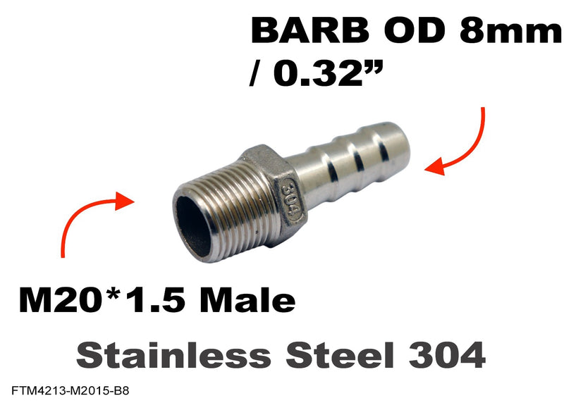 M20*1.5 MALE to BARB OD 8mm / 0.32 inch  Stainless Tail Adaptor Hose