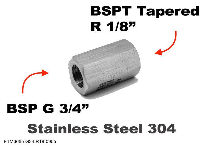BSP G 3/4 inch Female to BSPT Tapered R 1/8 inch Female Stainless Sensor Adaptor Fitting