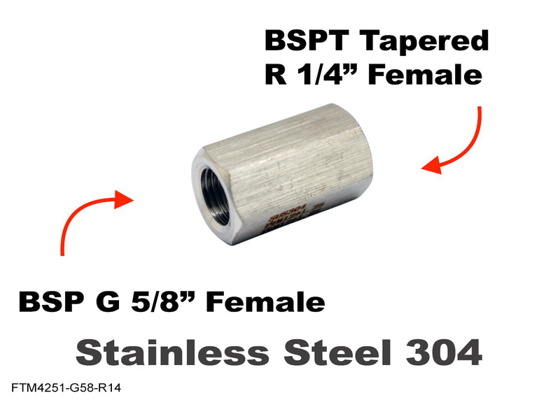 BSP G 5/8 inch Female to BSPT Tapered R 1/4 inch Female Stainless Sensor Adaptor Fitting