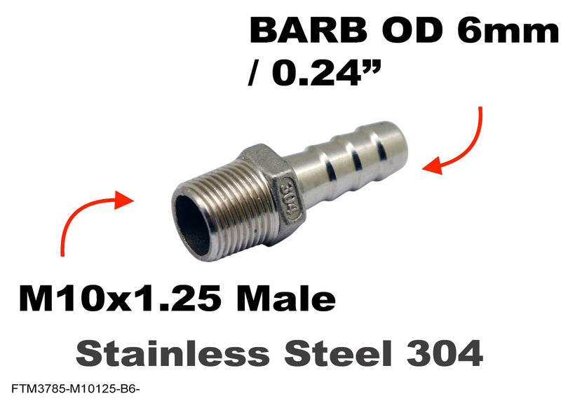M10x1.25 Male to BARB OD 6mm / 0.24 inch Stainless Tail Adaptor Hose Connector