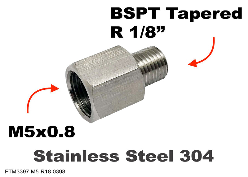M5x0.8 Female to BSPT Tapered R 1/8 inch Male Stainless Sensor Adaptor Fittings