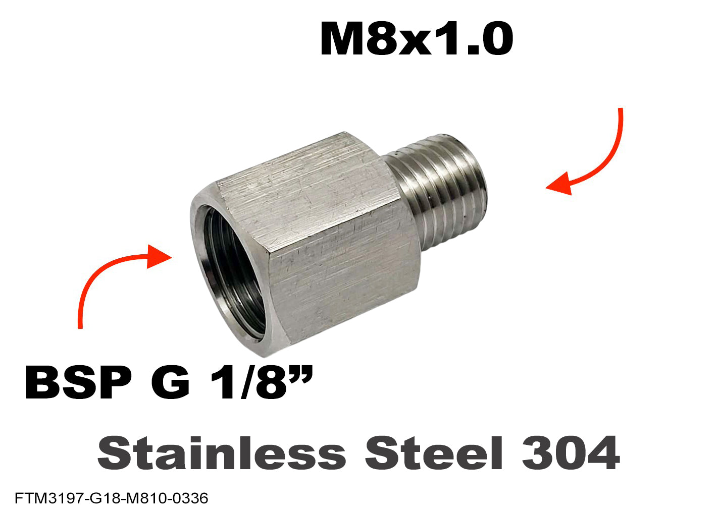 BSP G 1/8 inch Female to M8x1.0 Male Stainless Sensor Adaptor Fittings Conversion