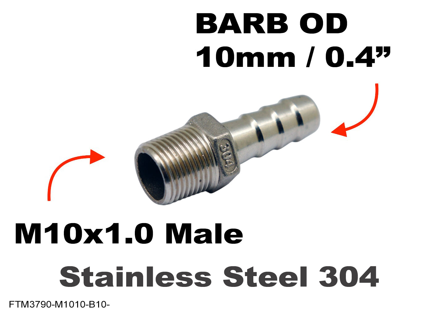 M10x1.0 Male to BARB OD 10mm / 0.4 inch Stainless Tail Adaptor Hose Connector
