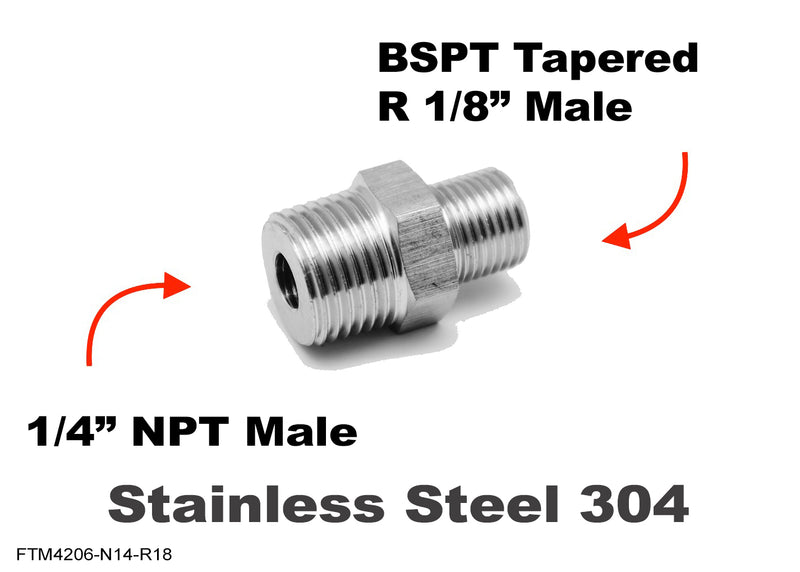 1/4 inch NPT Male to BSPT Tapered R 1/8 inch Male Stainless Sensor Adaptor Fittings