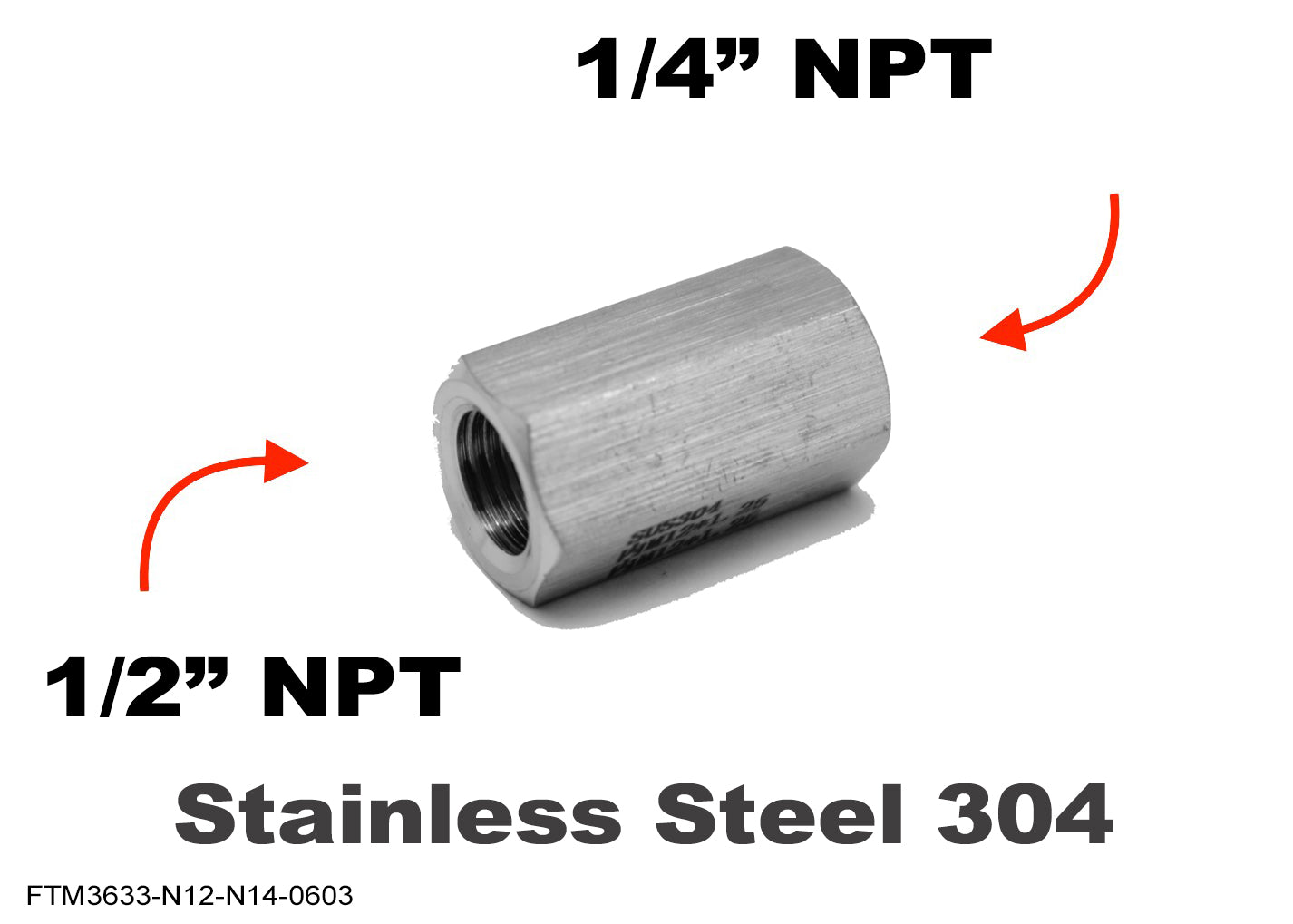1/2 inch NPT Female to 1/4 inch NPT Female Stainless Sensor Adaptor Fittings Conversion