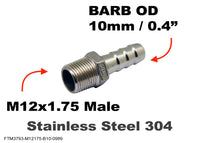 M12x1.75 Male to BARB OD 10mm / 0.4 inch Stainless Tail Adaptor Hose Connector