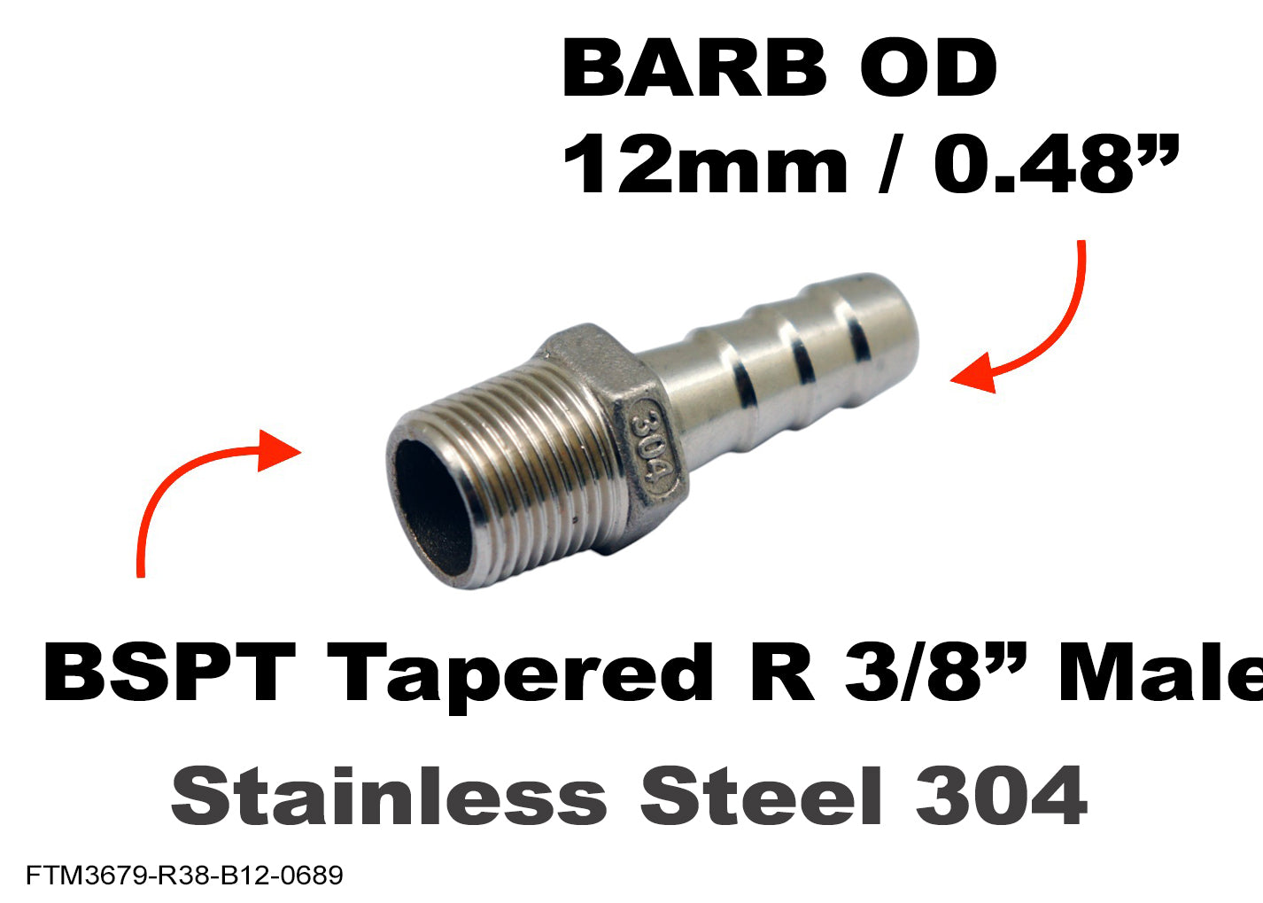 BSPT Tapered R 3/8 inch Male to BARB OD 12mm / 0.48 inch Stainless Tail Adaptor Hose