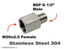 M20x2.5 FEMALE to BSP G 1/2 inch MALE Stainless Sensor Adaptor Fittings Conversion