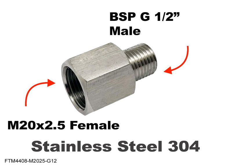 M20x2.5 FEMALE to BSP G 1/2 inch MALE Stainless Sensor Adaptor Fittings Conversion