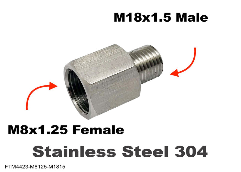 M8x1.25 FEMALE to M18x1.5 MALE Stainless Sensor Adaptor Fittings Conversion