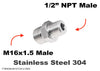 M16x1.5 Male to 1/2 inch NPT Male Stainless Sensor Adaptor Fittings Conversion