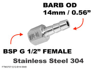 BSP G 1/2 inch FEMALE to BARB OD 14mm / 0.56 inch Stainless Tail Adaptor Hose Connector