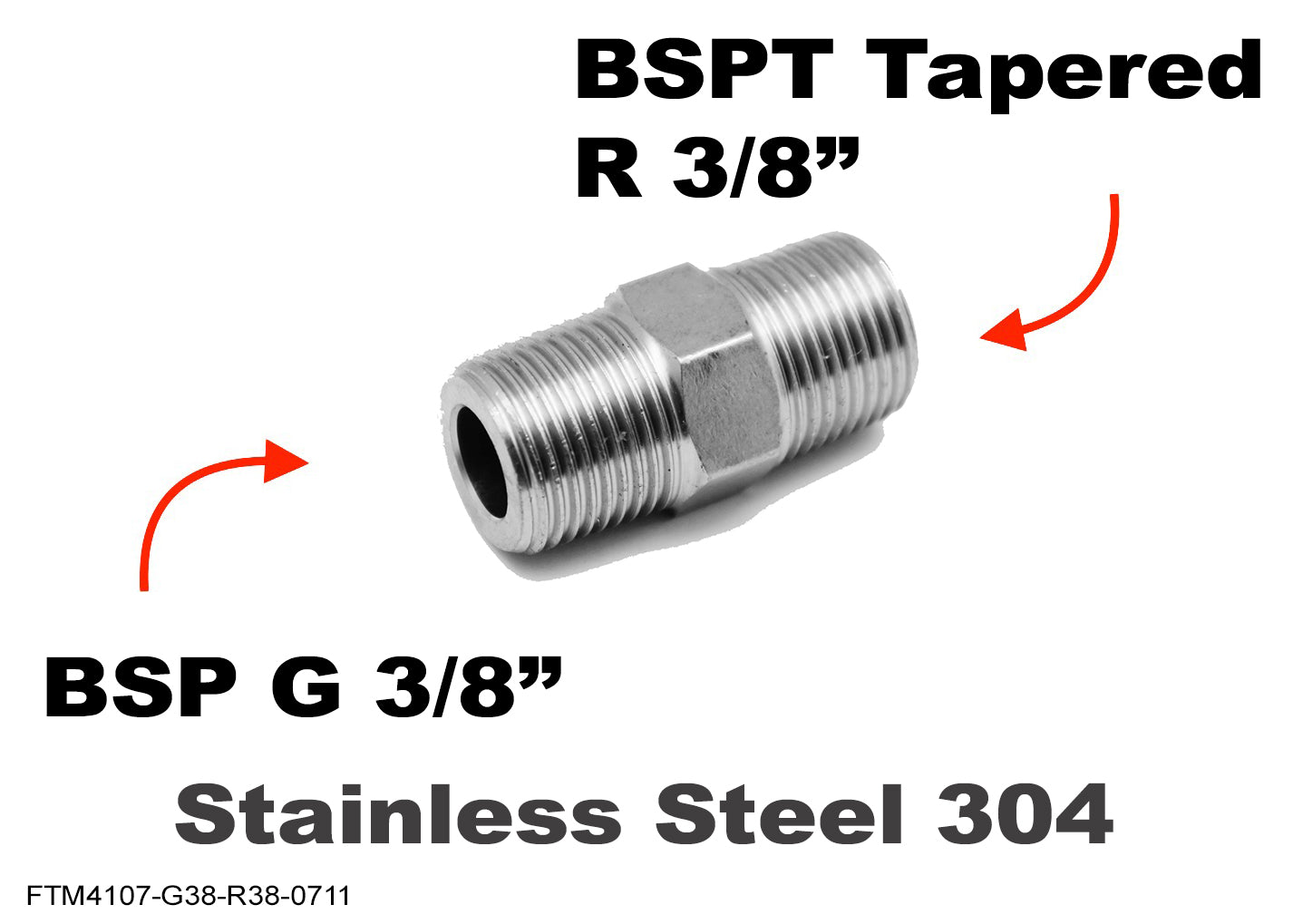 BSP G 3/8 inch Male to BSPT Tapered R 3/8 inch Male Stainless Sensor Adaptor Fittings