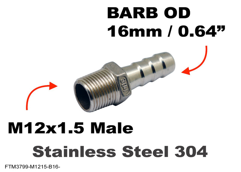 M12x1.5 Male to BARB OD 16mm / 0.64 inch Stainless Tail Adaptor Hose Connector