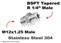 M12x1.25 Male to BSPT Tapered R 1/4 inch Stainless Sensor Adaptor Fitting Conversion