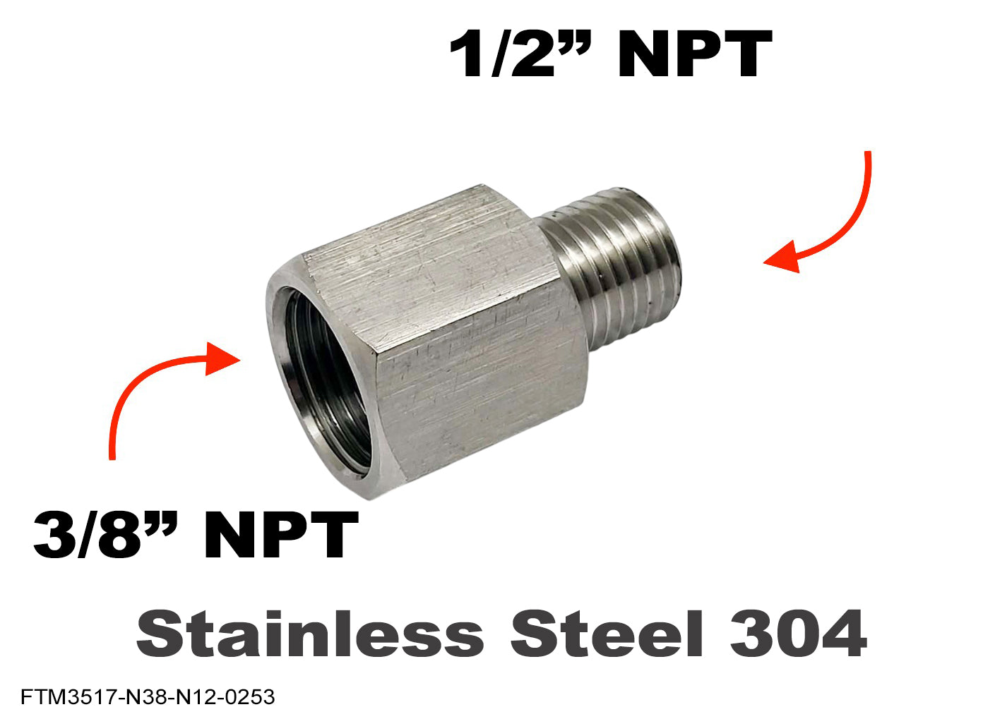 3/8 inch NPT Female to 1/2 inch NPT Male Stainless Sensor Adaptor Fittings Conversion