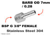 BSP G 3/8 inch FEMALE to BARB OD 7mm / 0.28 Stainless Tail Adaptor Hose Connector