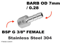 BSP G 3/8 inch FEMALE to BARB OD 7mm / 0.28 Stainless Tail Adaptor Hose Connector