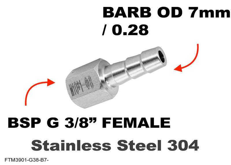 BSP G 3/8 inch FEMALE to BARB OD 7mm / 0.28 Stainless Tail Adaptor Hose Connector