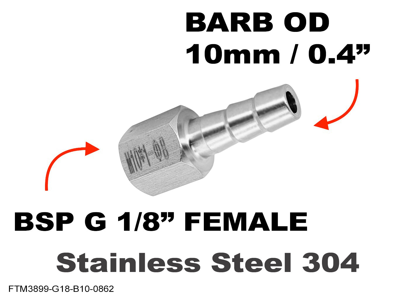 BSP G 1/8 inch FEMALE to BARB OD 10mm / 0.4 inch Stainless Tail Adaptor Hose Connector