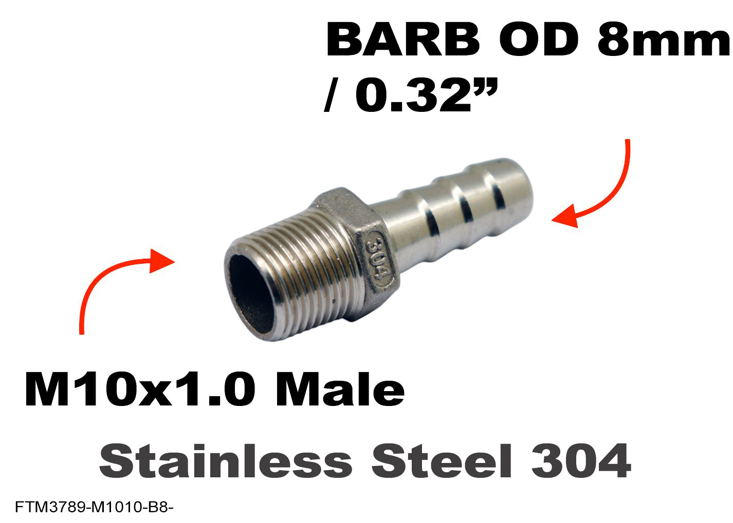 M10x1.0 Male to BARB OD 8mm / 0.32 inch Stainless Tail Adaptor Hose Connector