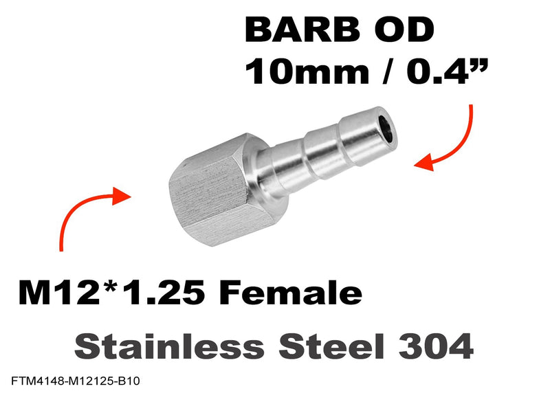 M12*1.25 FEMALE to BARB OD 10mm / 0.4 inch  Stainless Tail Adaptor Hose Connector