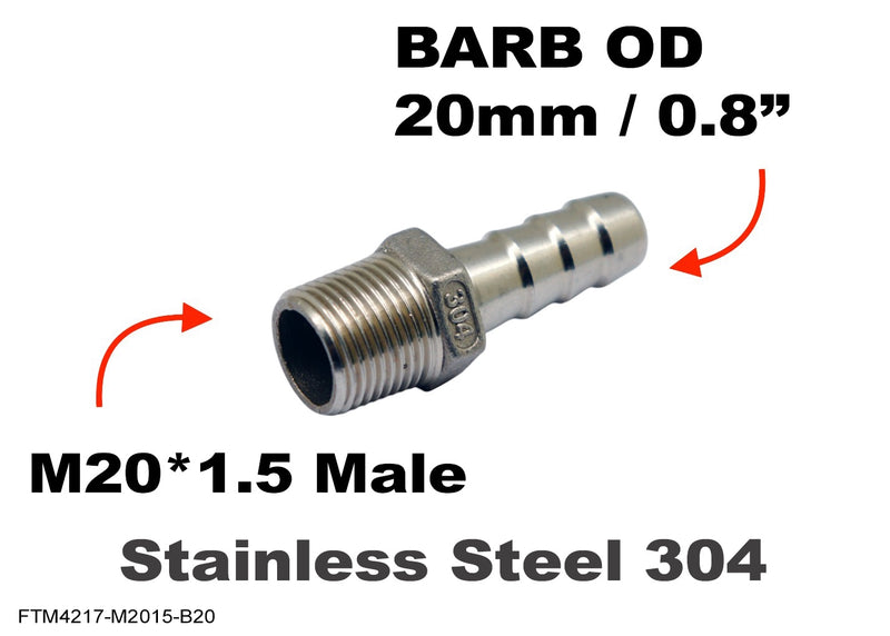 M20*1.5 MALE to BARB OD 20mm / 0.8 inch  Stainless Tail Adaptor Hose