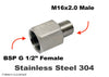 BSP G 1/2 inch FEMALE to M16x2.0 MALE Stainless Sensor Adaptor Fittings Conversion
