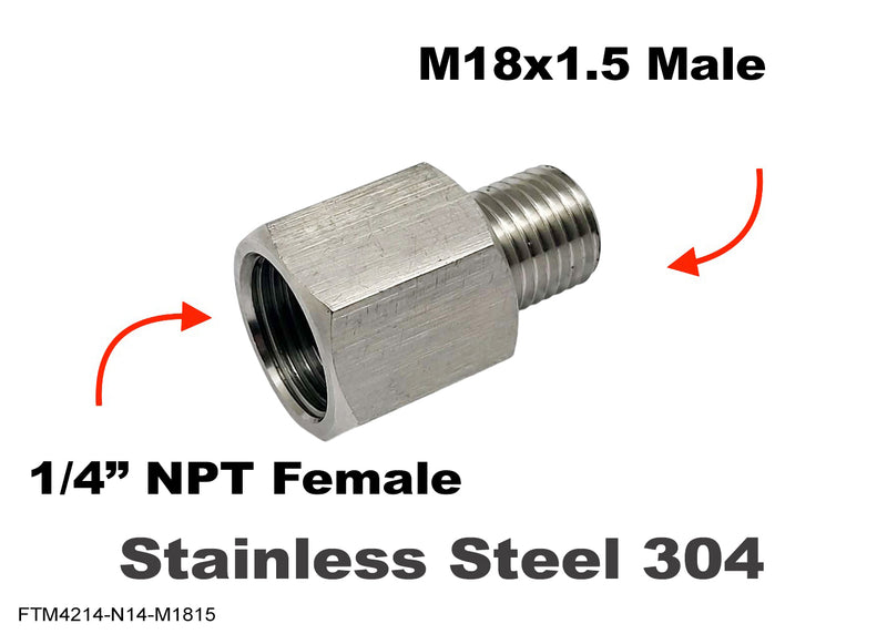 1/4 inch NPT Female to M18x1.5 Male Stainless Sensor Adaptor Fittings Conversion