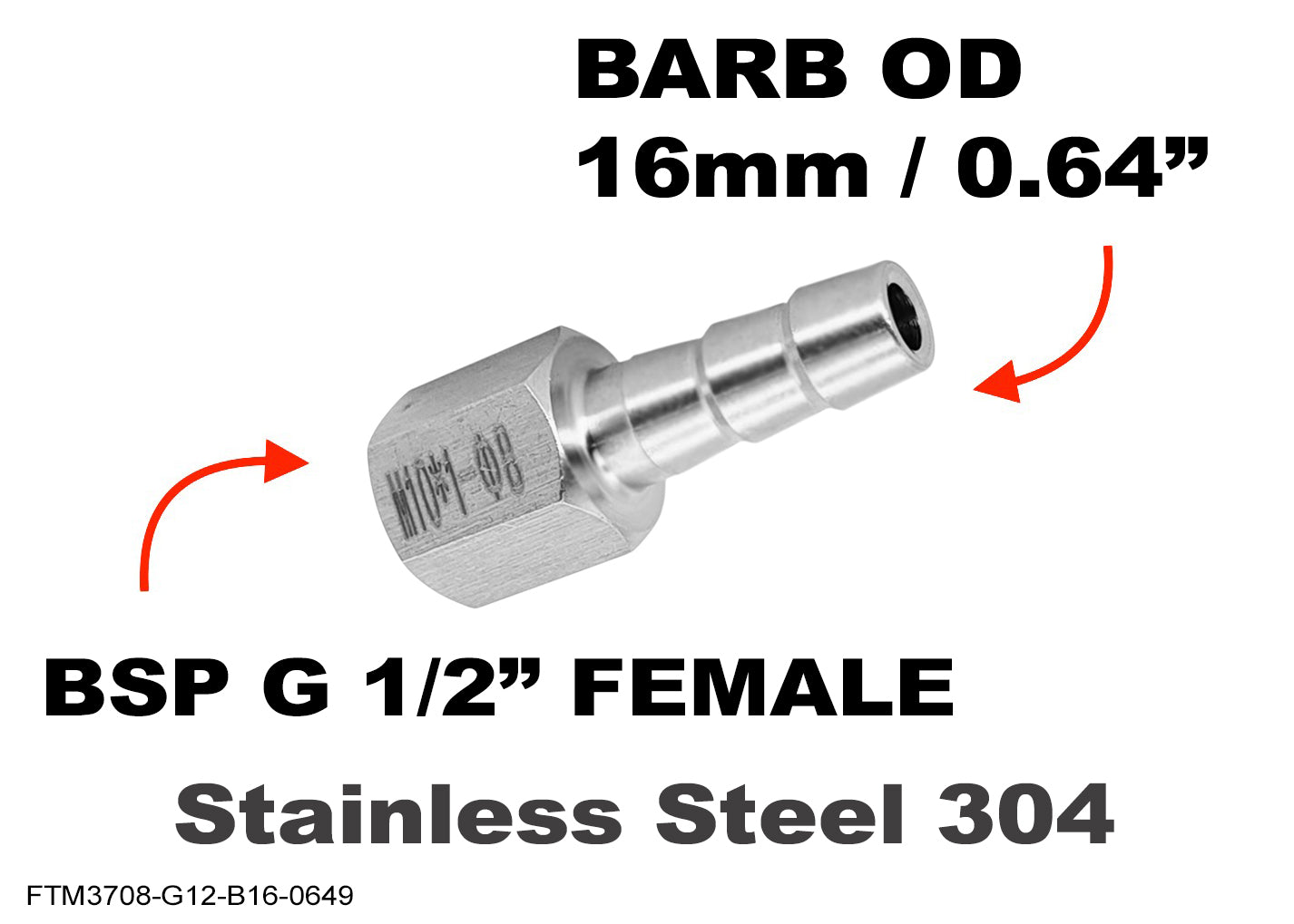 BSP G 1/2 inch FEMALE to BARB OD 16mm / 0.64 inch Stainless Tail Adaptor Hose Connector