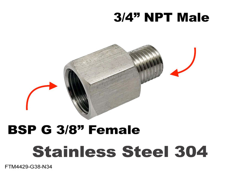 BSP G 3/8 inch FEMALE to 3/4 inch NPT MALE Stainless Sensor Adaptor Fittings Conversion