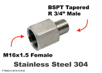 M16x1.5 Female to BSPT Tapered R 3/4 inch Male Stainless Sensor Adaptor Fittings