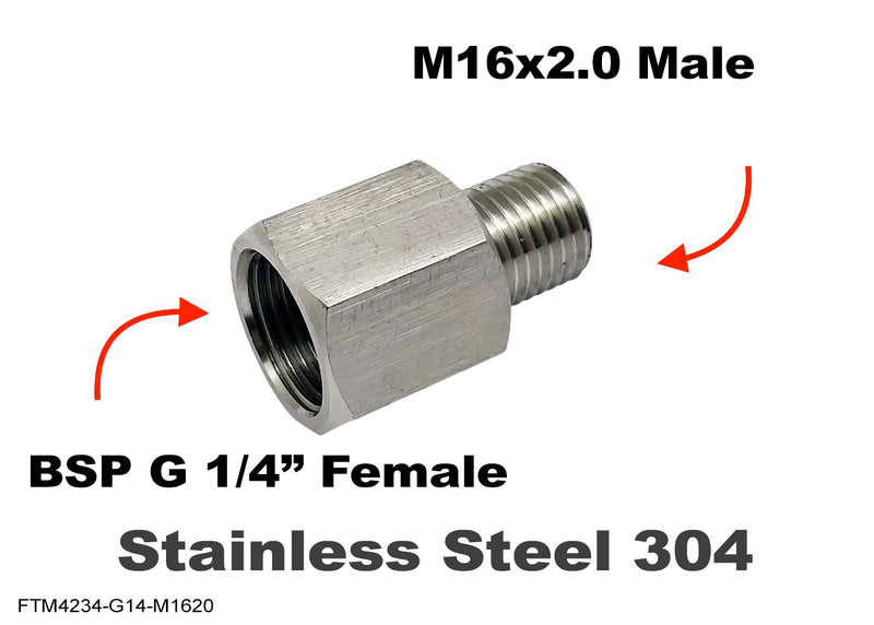 BSP G 1/4 inch Female to M16x2.0 Male Stainless Sensor Adaptor Fittings Conversion