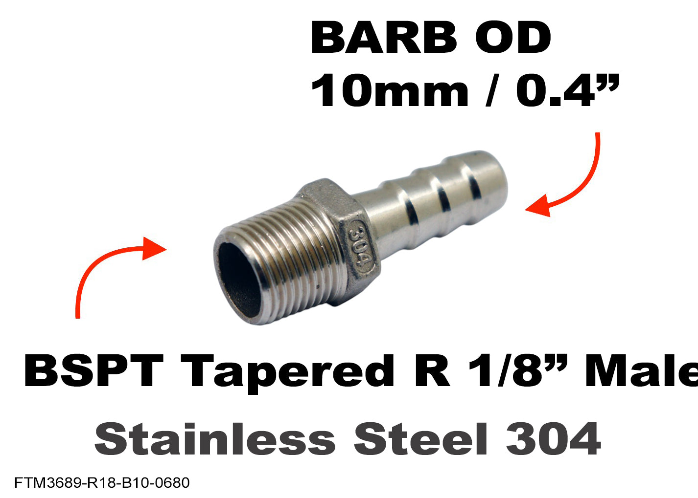 BSPT Tapered R 1/8 inch Male to BARB OD 10mm / 0.4 inch Stainless Tail Adaptor Hose
